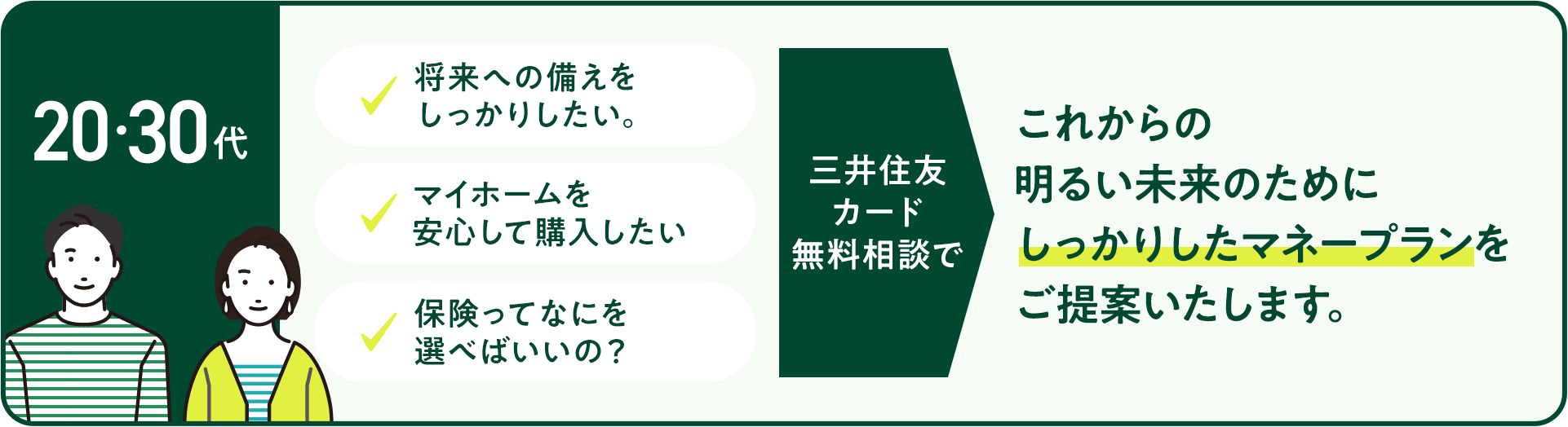20・30代 将来への備えをしっかりしたい。 マイホームを安心して購入したい 保険ってなにを選べばいいの？ 三井住友カード無料相談でこれからの明るい未来のためにしっかりしたマネープランをご提案いたします。