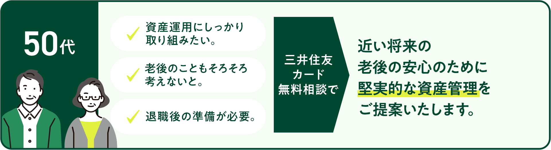 50代 資産運用にしっかり取り組みたい。 老後のこともそろそろ考えないと。 退職後の準備が必要。 三井住友カード無料相談で近い将来の老後の安心のために堅実的な資産管理をご提案いたします。